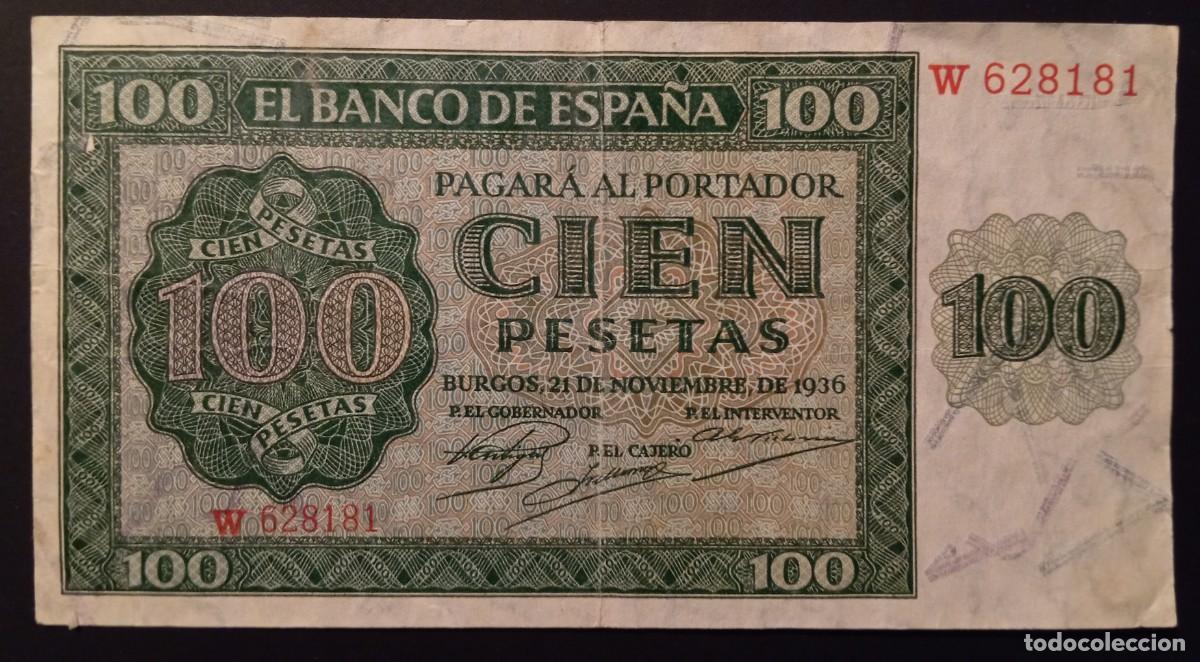 Billetes espa&ntilde;oles: 100 pesetas 1936 Burgos serie W (MBC+)