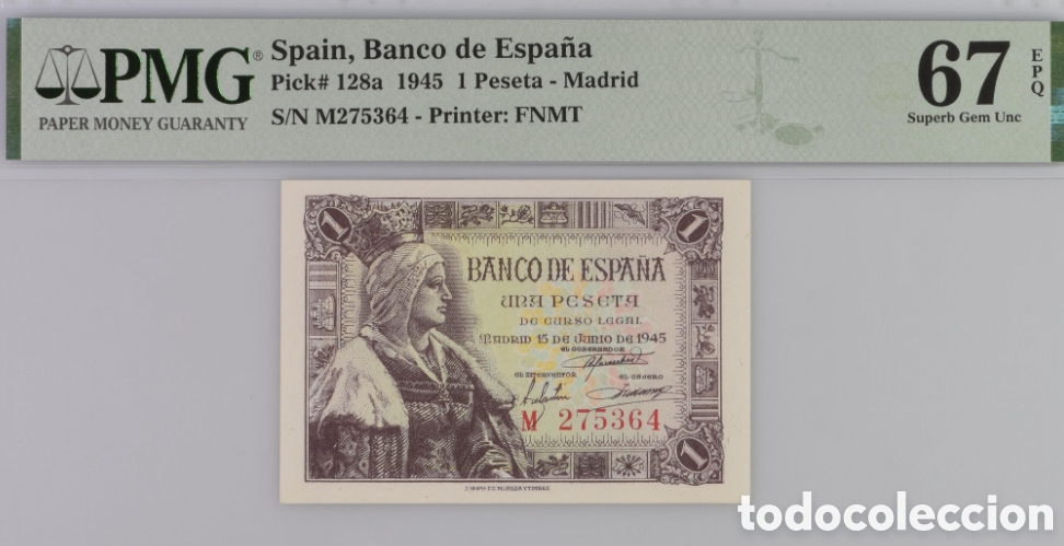 Billetes espa&ntilde;oles: Billete 1 peseta 1945 -Isabel la Cat&oacute;lica- PMG 67 EPQ, serie M, &uacute;ltima serie emitida