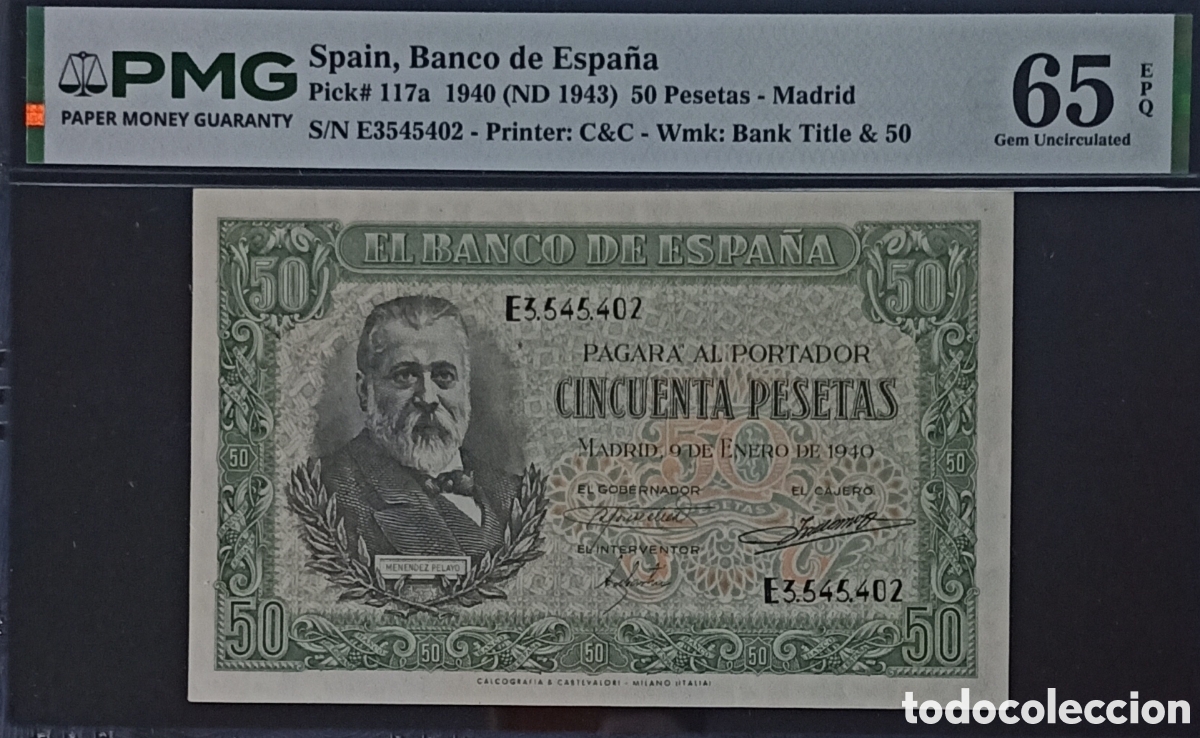 Billetes espa&ntilde;oles: Billete 50 pesetas 1940 -Menendez Pelayo- PMG 65 EPQ, serie E, &uacute;ltima serie emitida