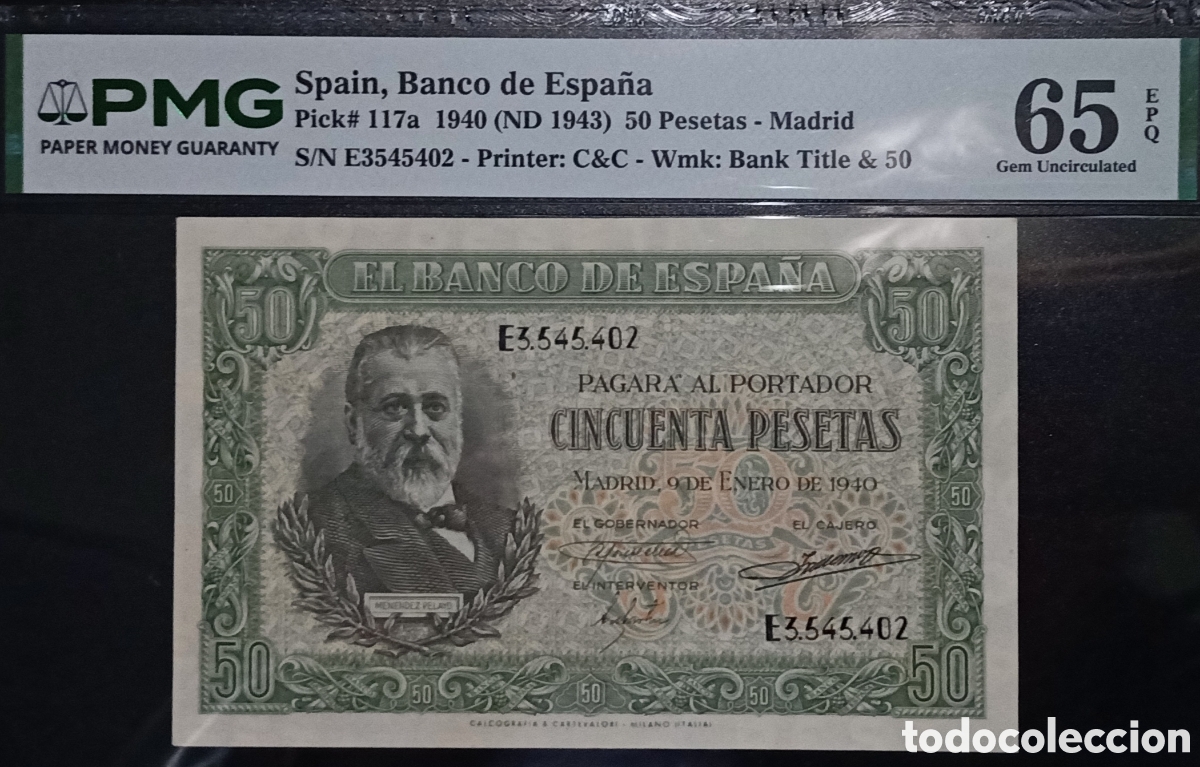 Billetes espa&ntilde;oles: Billete 50 pesetas 1940 -Menendez Pelayo- PMG 65 EPQ, serie E, &uacute;ltima serie emitida