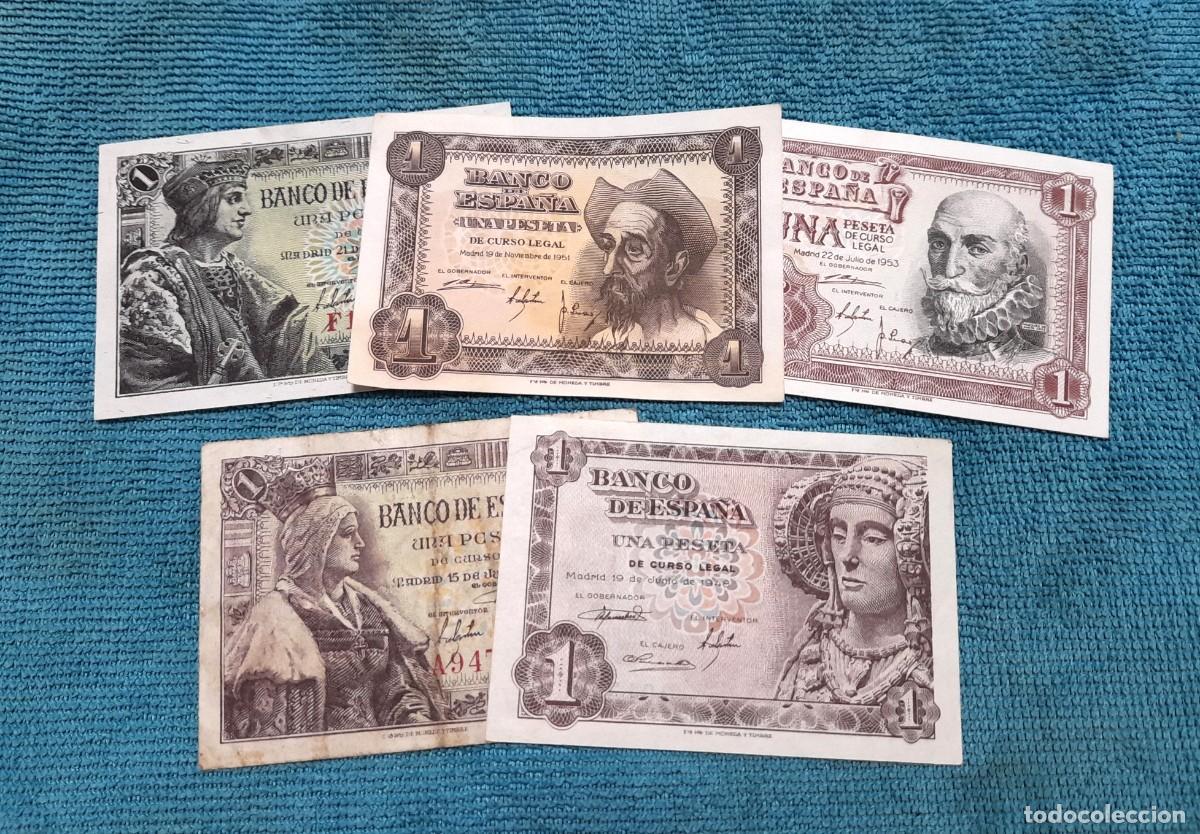 Billetes espa&ntilde;oles: 5 billetes de 1 Peseta a&ntilde;os diferentes, 4 SC