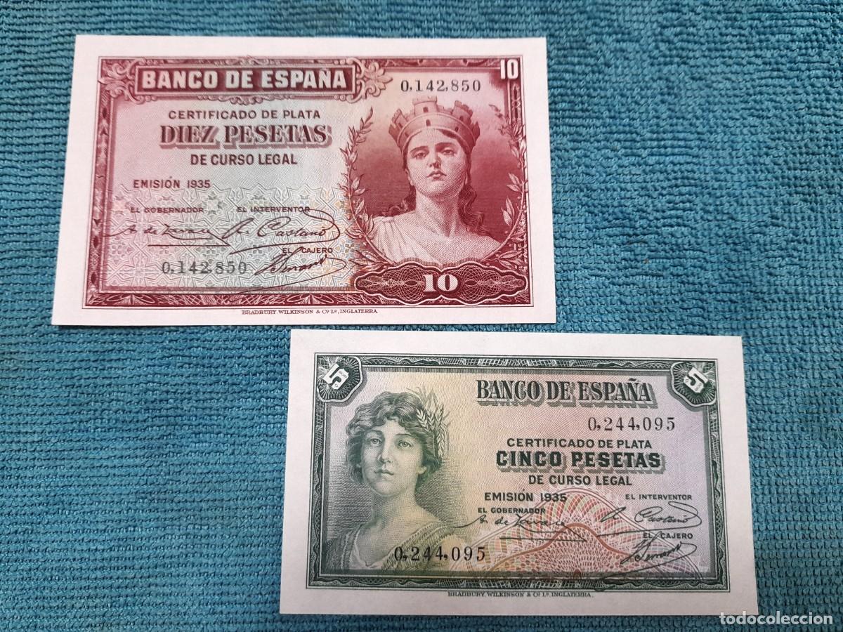 Billetes espa&ntilde;oles: 2 billetes de 5 y 10 Pesetas 1935 Sin series. SC
