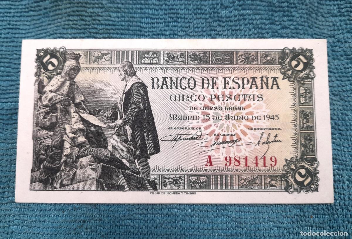 Billetes espa&ntilde;oles: Billete de 5 Pesetas 1945 serie A, SC