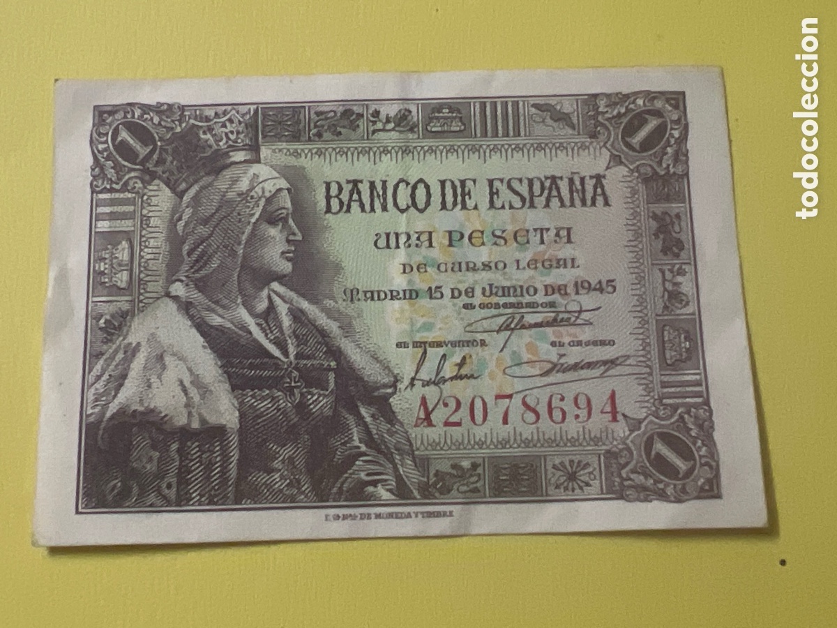 Billetes espa&ntilde;oles: A72. Billete Espa&ntilde;a de 1 peseta. De 1945. Serie A