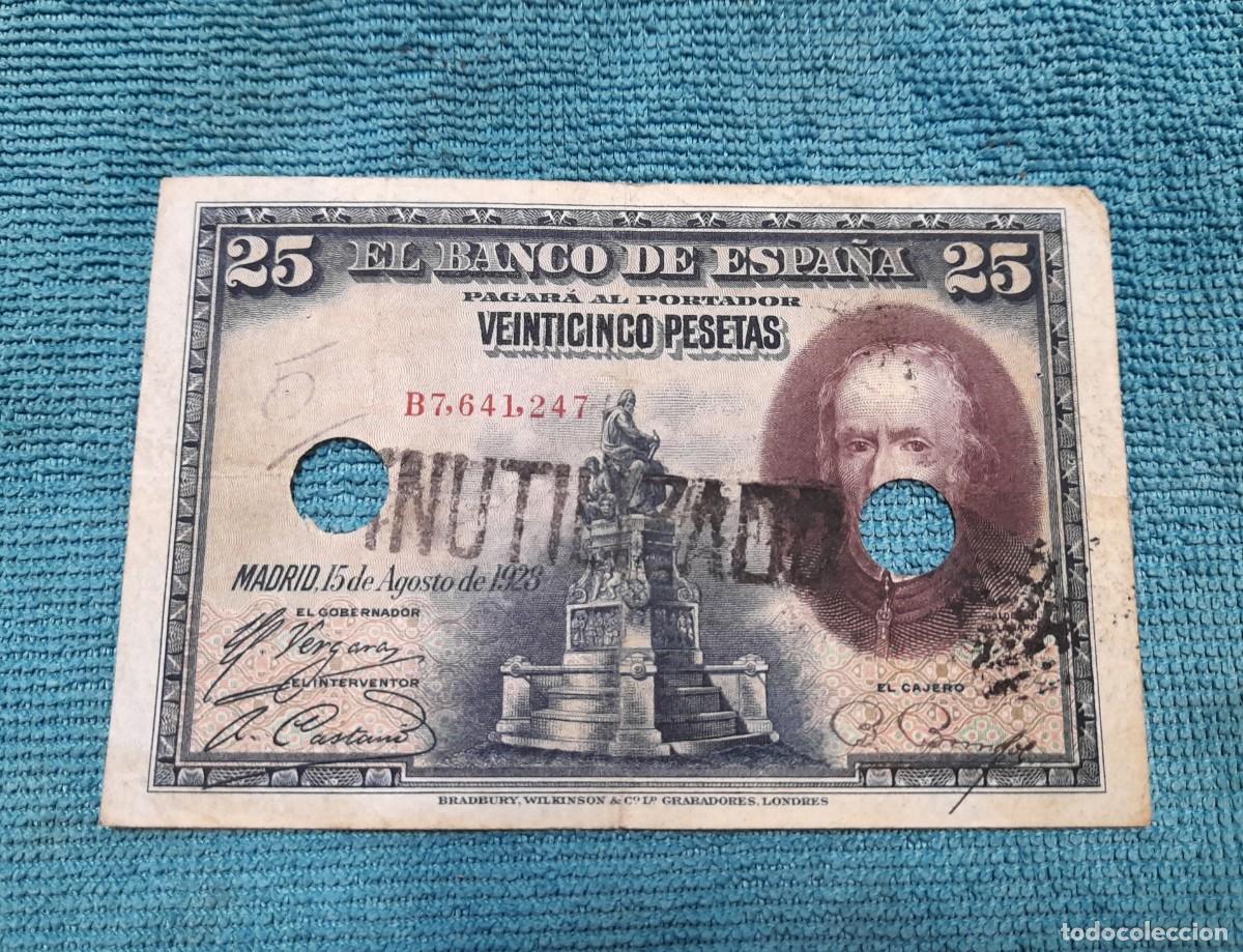 Billetes espa&ntilde;oles: Billete de 25 Pesetas 1928 cancelado del banco