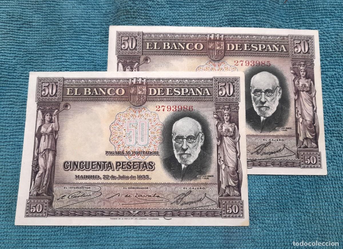 Billetes espa&ntilde;oles: Pareja Correlativa de 50 Pesetas 1935 sin Series