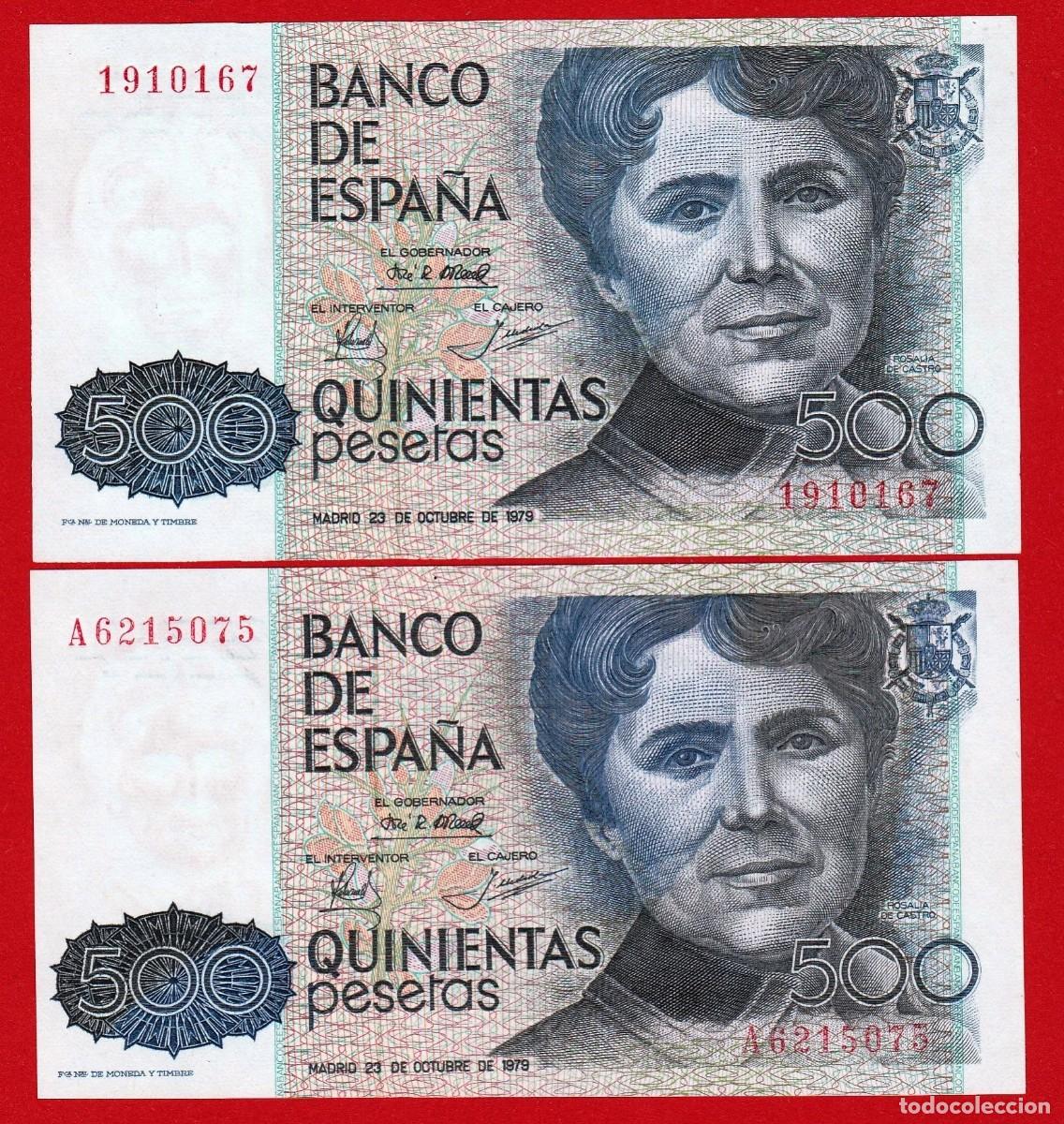 Billetes espa&ntilde;oles: 500 pesetas, 1979, 2 billetes, Sin serie y Serie A, SC