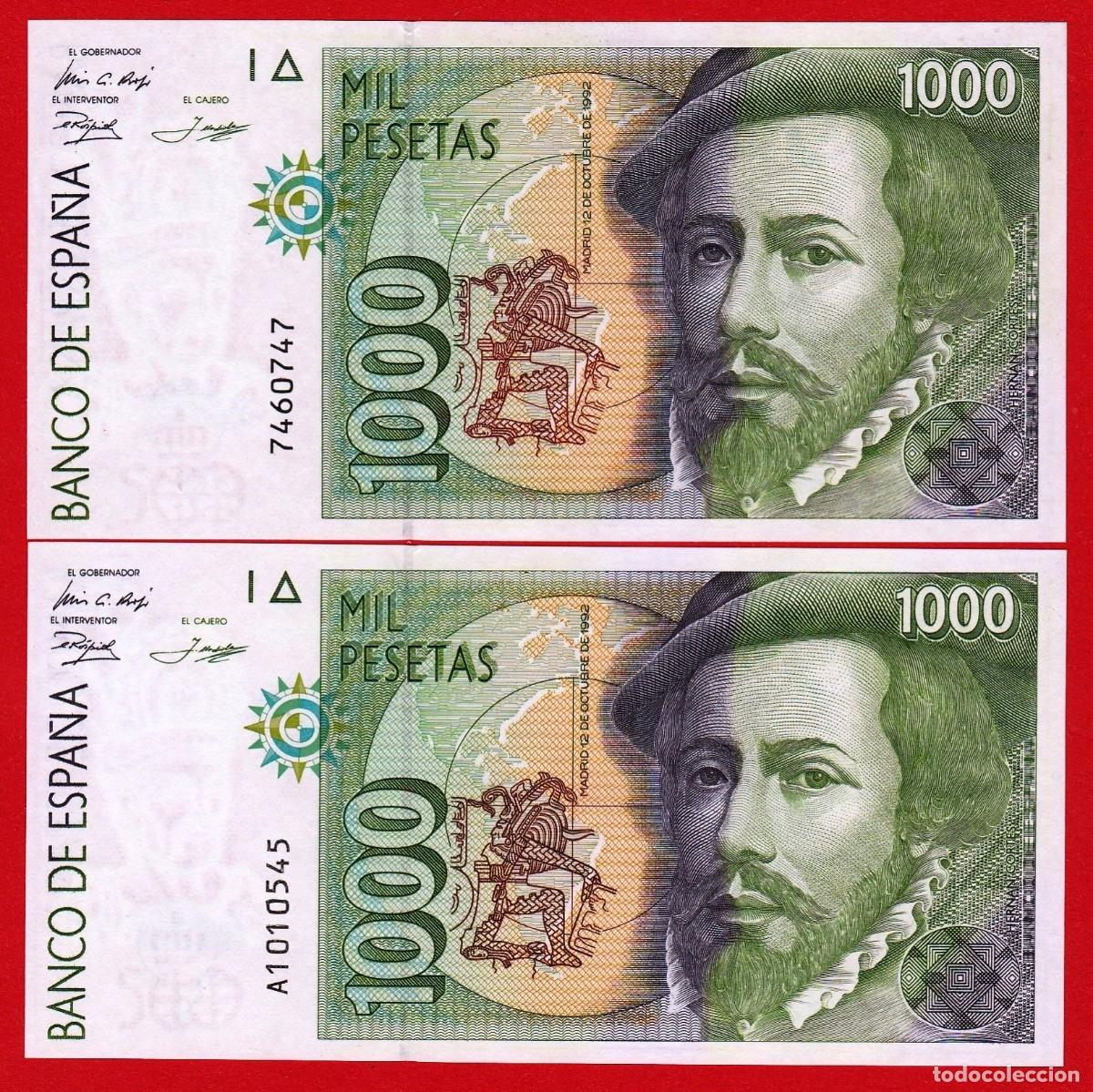 Billetes espa&ntilde;oles: 1000 pesetas, 1992, 2 billetes, Sin serie y Serie A, SC