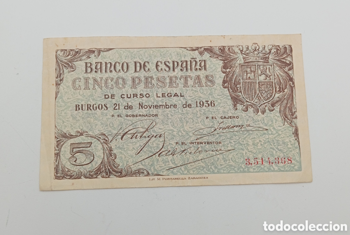 Billetes espa&ntilde;oles: Billete de 5 pesetas del a&ntilde;o 1936