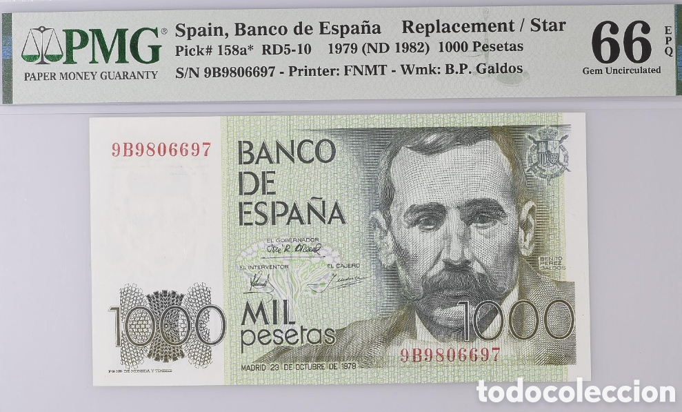 Billetes espa&ntilde;oles: Billete 1000 pesetas 1979 -Benito Perez Gald&oacute;s- PMG 66 EPQ, serie 9B