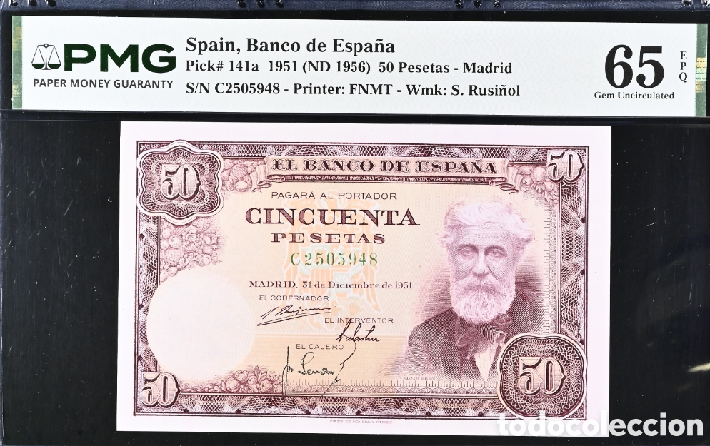 Billetes espa&ntilde;oles: Billete 50 pesetas 1951 -Rusi&ntilde;ol- PMG 65 EPQ, serie C