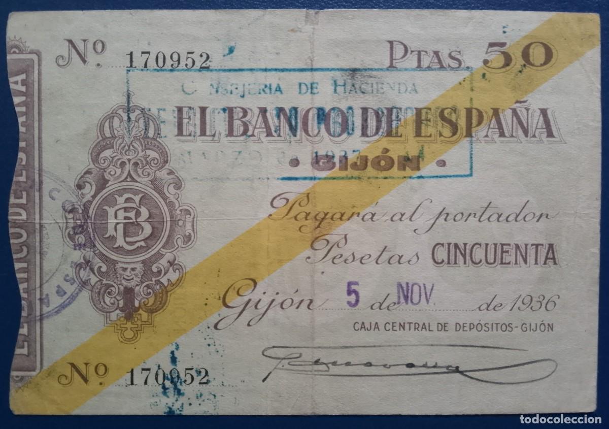 Billetes espa&ntilde;oles: Banco de Espa&ntilde;a en Gij&oacute;n. 50 Pesetas. 5 Noviembre 1936. BC+