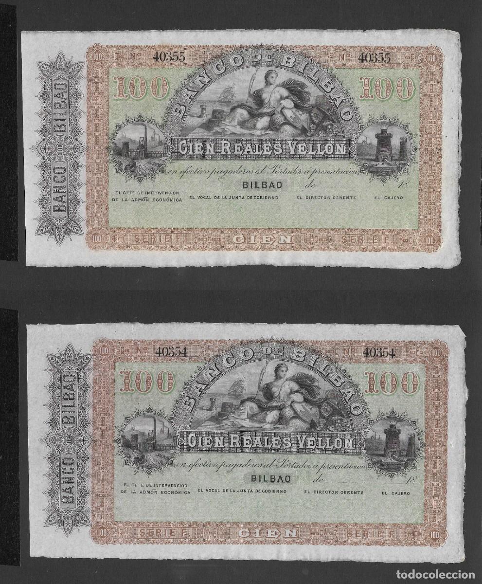 Billetes espa&ntilde;oles: PAREJA CORRELATIVA 100 REALES VELLON 1857 SERIE F BIBAO S/C