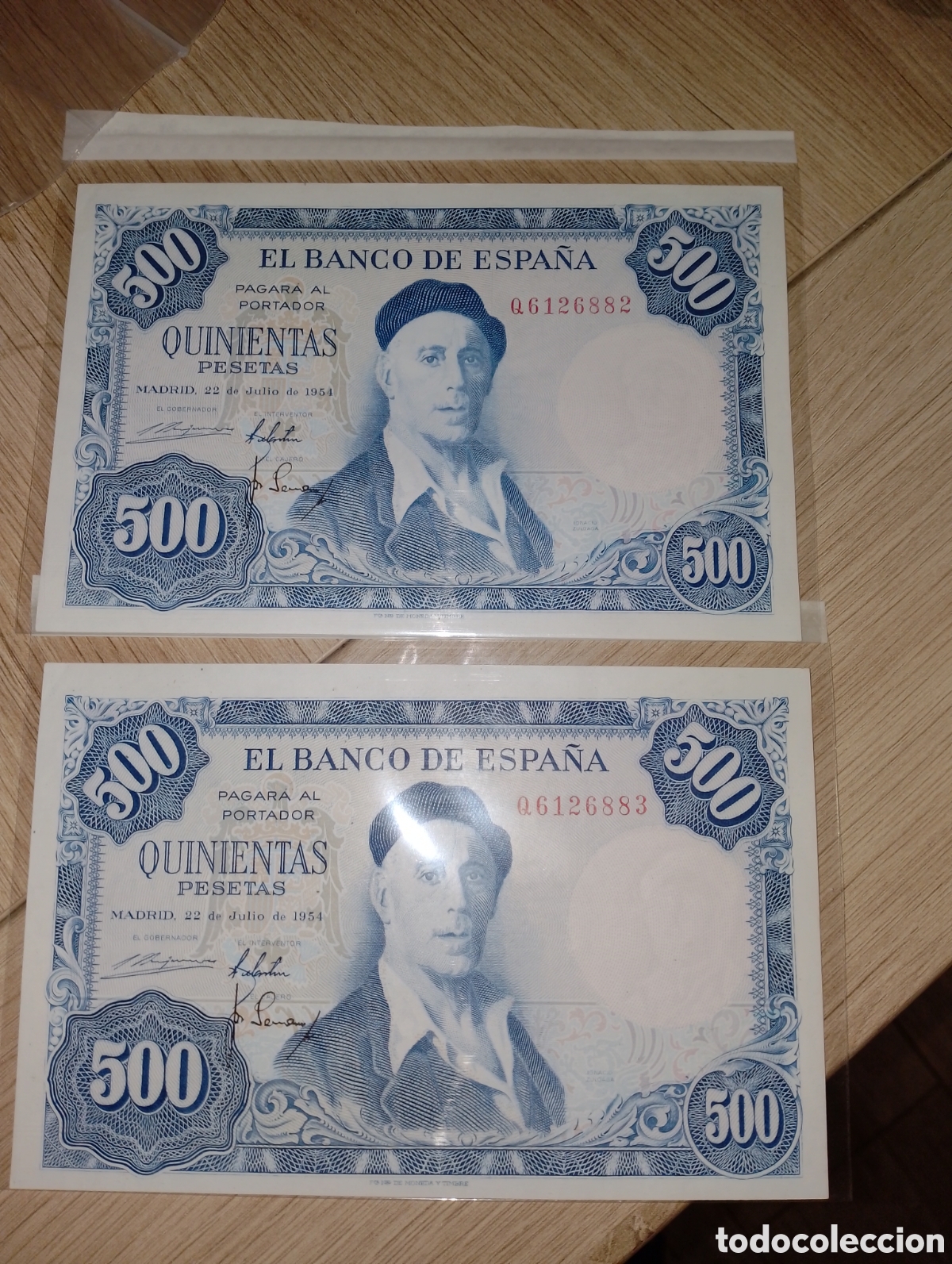 Billetes espa&ntilde;oles: Pareja correlativa en plancha de 500 Pesetas de 1954