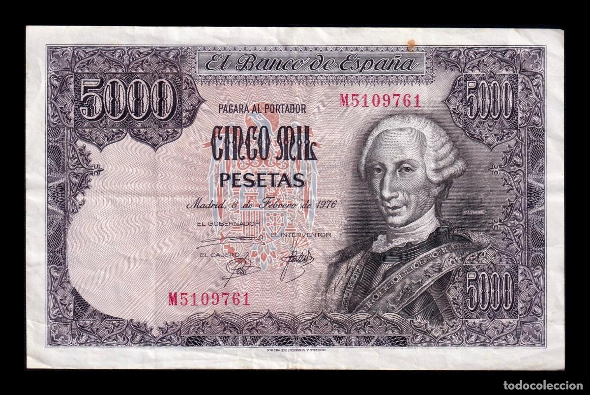 Billetes espa&ntilde;oles: Espa&ntilde;a 5000 Pesetas Carlos III 1976 Pick 155 Serie M Mbc Vf