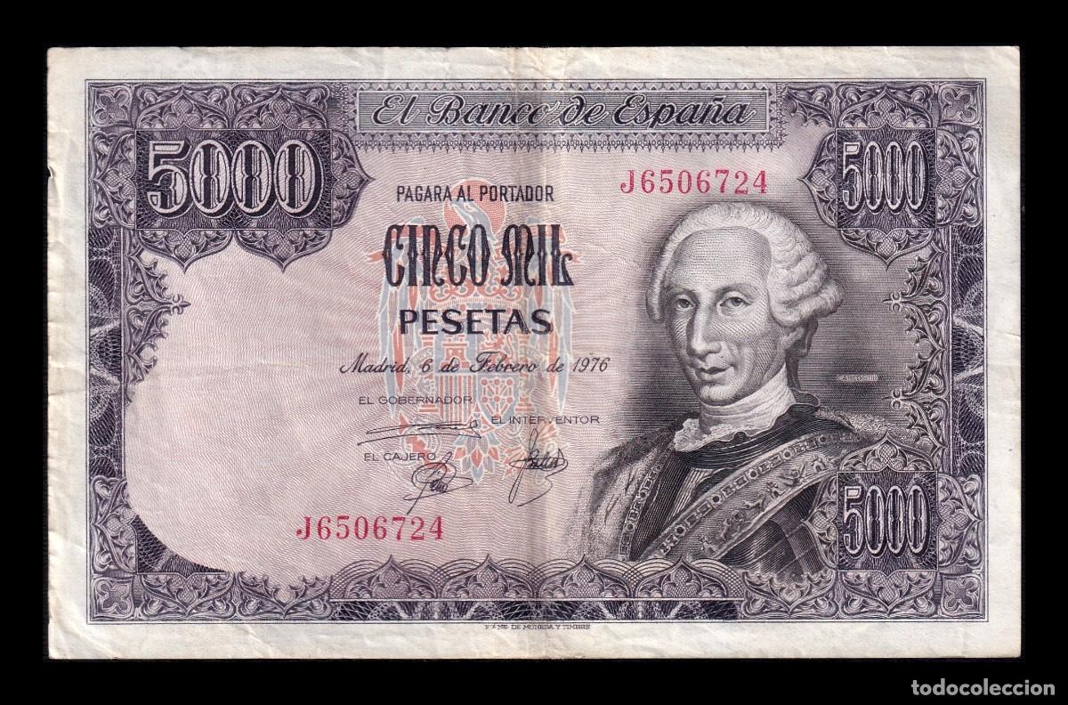 Billetes espa&ntilde;oles: Espa&ntilde;a 5000 Pesetas Carlos III 1976 Pick 155 Serie J Mbc Vf