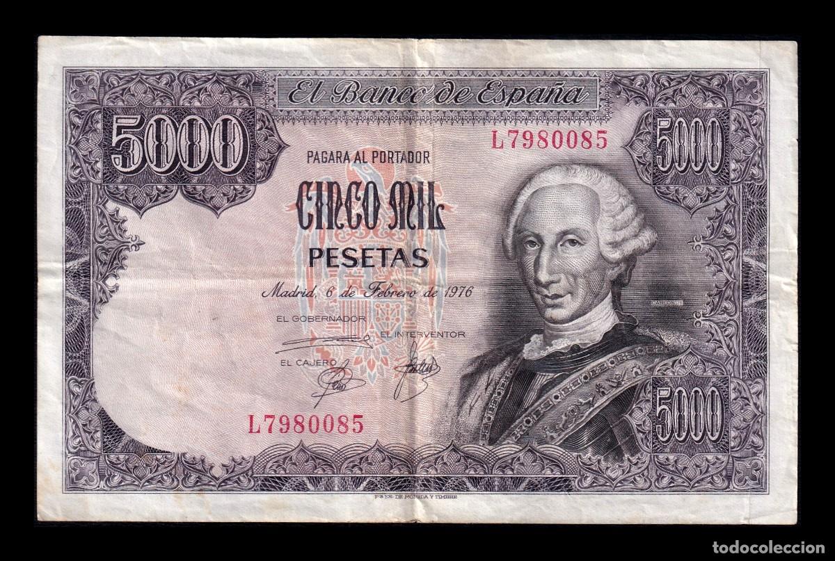 Billetes espa&ntilde;oles: Espa&ntilde;a 5000 Pesetas Carlos III 1976 Pick 155 Serie L Mbc Vf