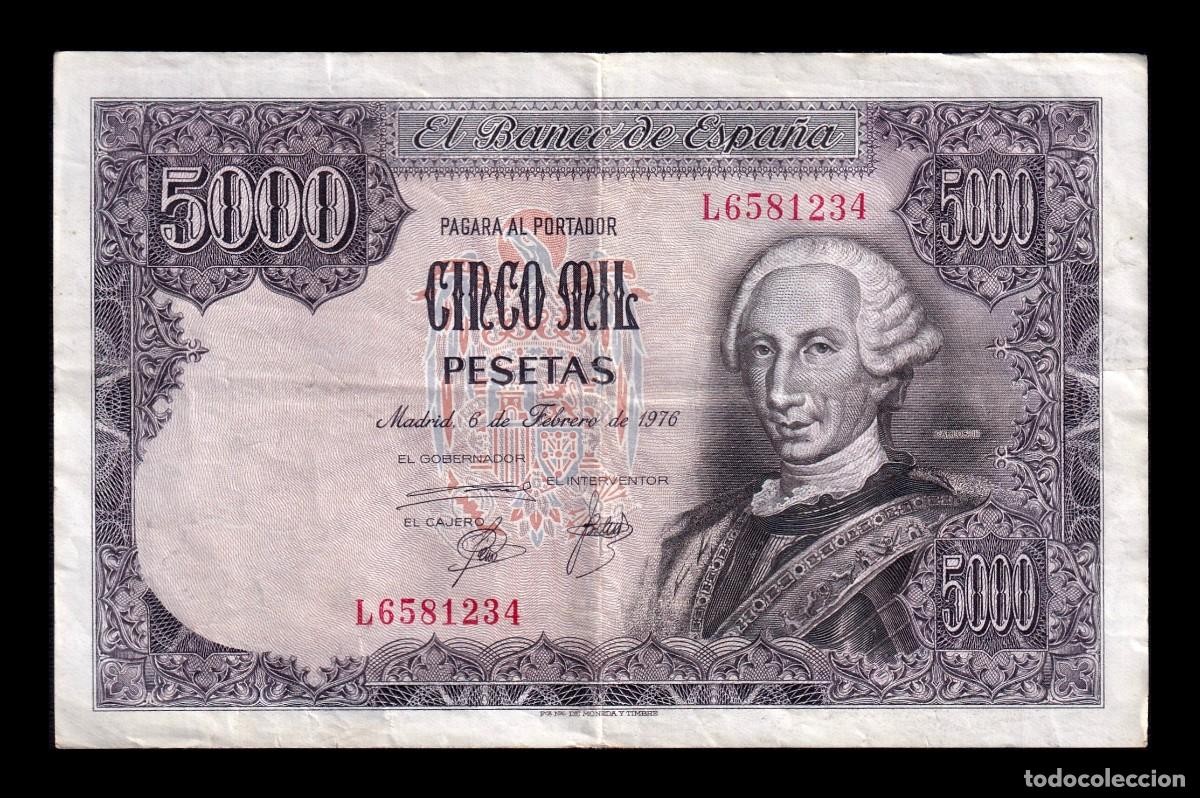 Billetes espa&ntilde;oles: Espa&ntilde;a 5000 Pesetas Carlos III 1976 Pick 155 Serie L Mbc Vf