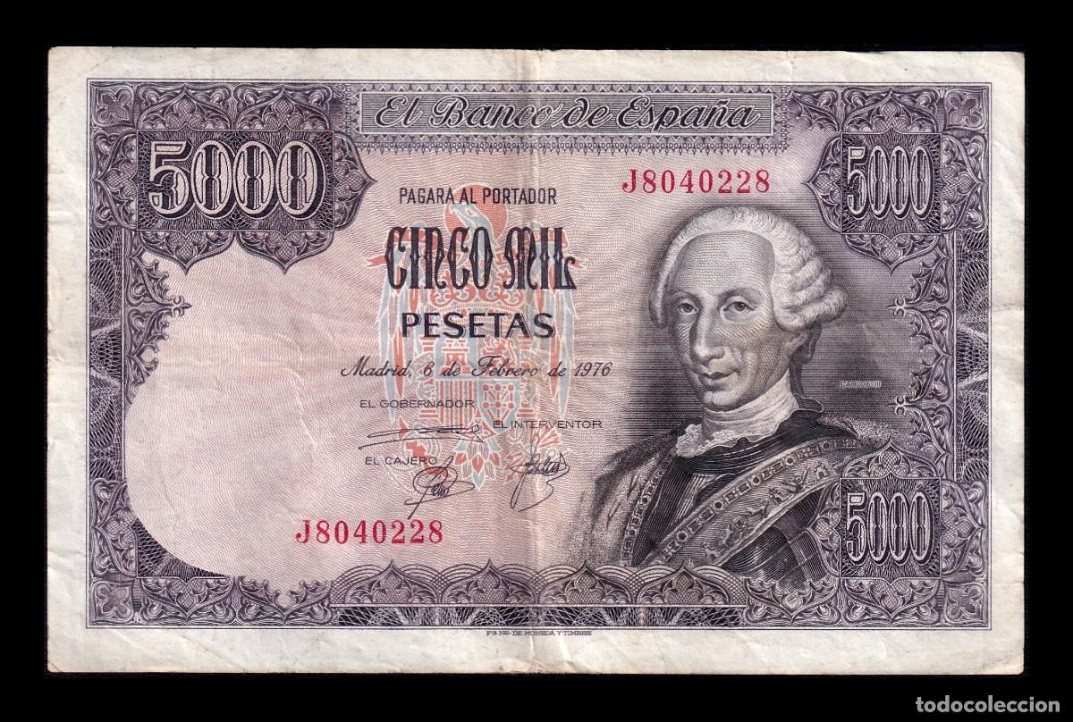 Billetes espa&ntilde;oles: Espa&ntilde;a 5000 Pesetas Carlos III 1976 Pick 155 Serie J Mbc Vf