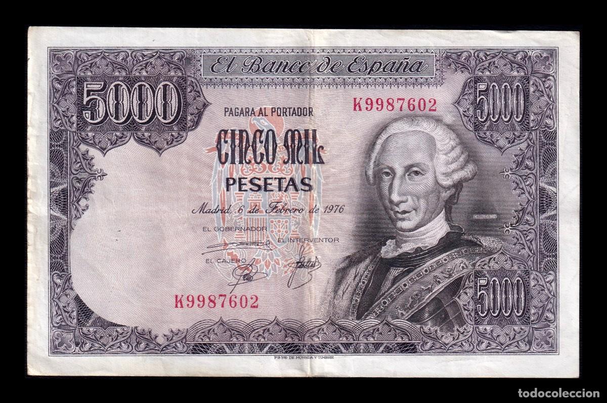Billetes espa&ntilde;oles: Espa&ntilde;a 5000 Pesetas Carlos III 1976 Pick 155 Serie K Mbc Vf