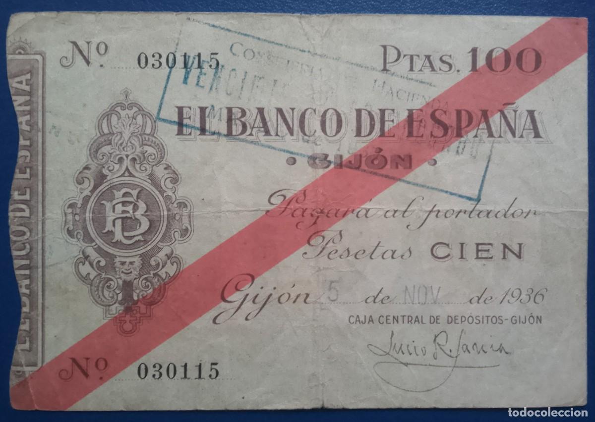 Billetes espa&ntilde;oles: Banco de Espa&ntilde;a (Gij&oacute;n). 100 Pesetas. 1936. Guerra civil. BC+
