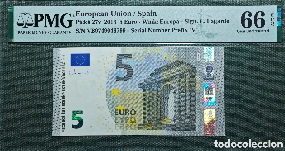 Billetes espa&ntilde;oles: 5 EURO V014B3 VB 2013 ESPA&Ntilde;A LAGARDE PMG 66 EPQ