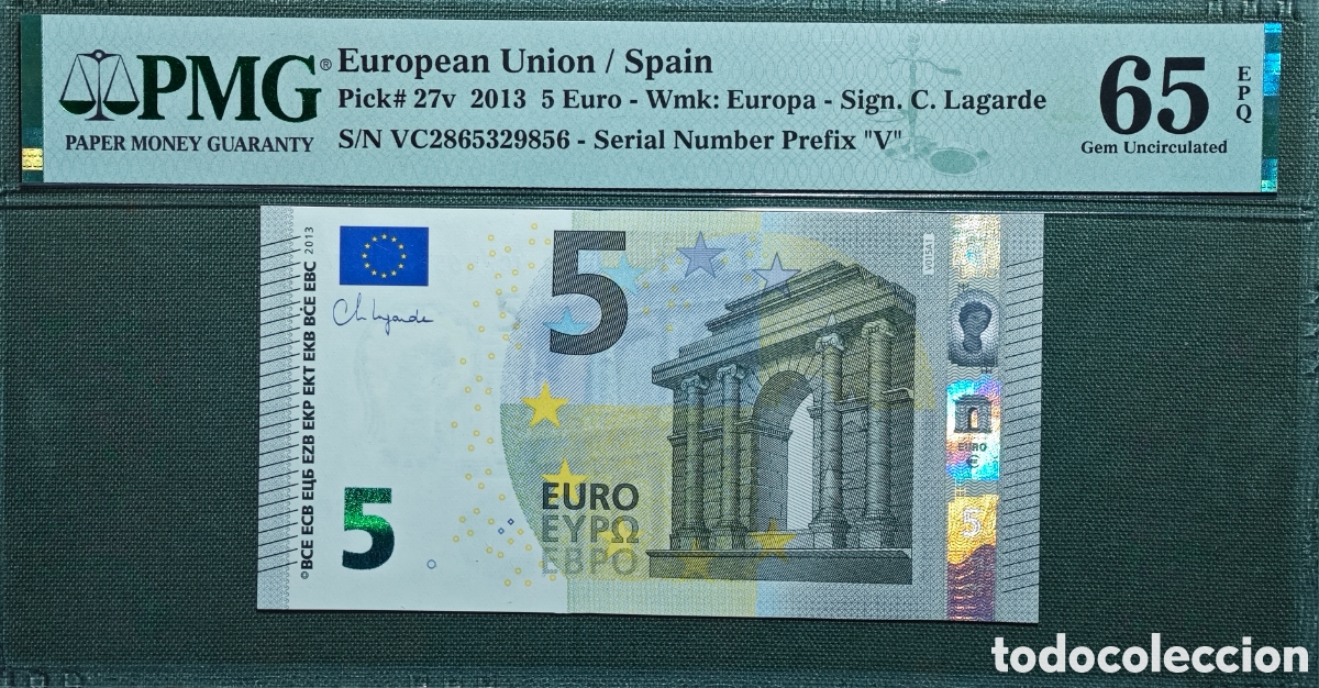Billetes espa&ntilde;oles: 5 EURO V015A1 VC 2013 ESPA&Ntilde;A, LAGARDE SIN CIRCULAR PMG 65 EPQ