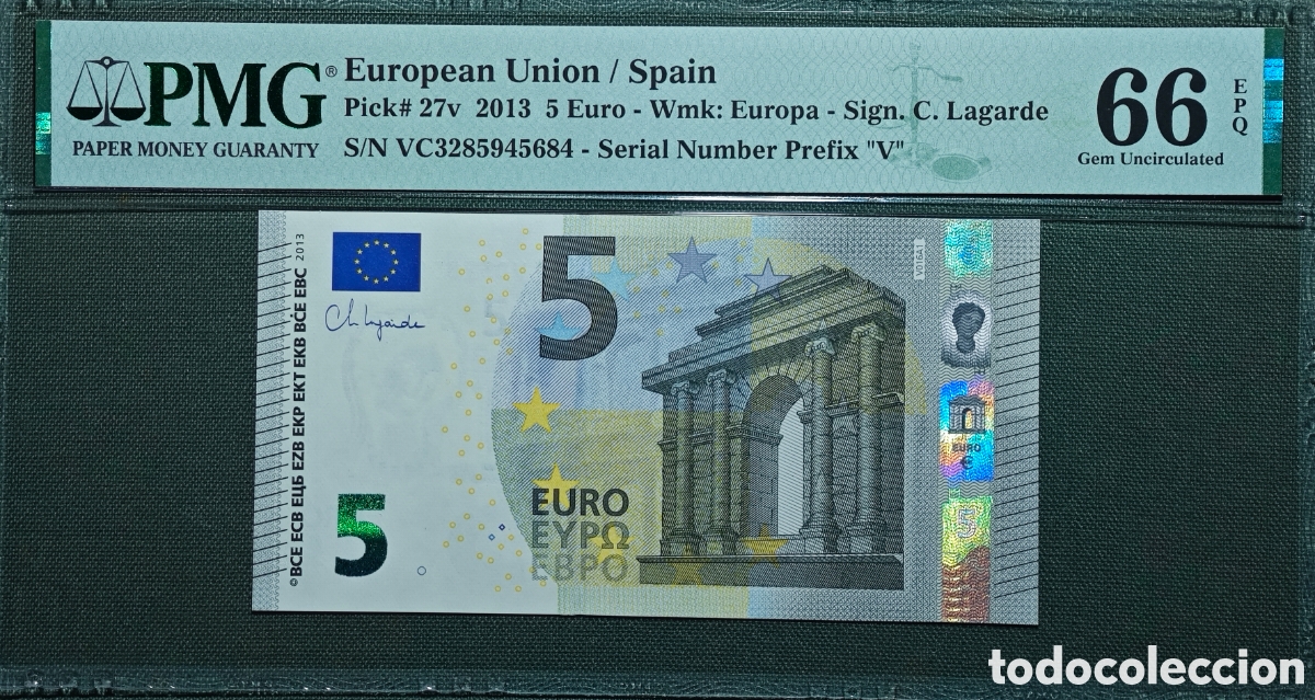 Billetes espa&ntilde;oles: 5 EURO V016A1 VC 2013 ESPA&Ntilde;A, LAGARDE SIN CIRCULAR PMG 66 EPQ