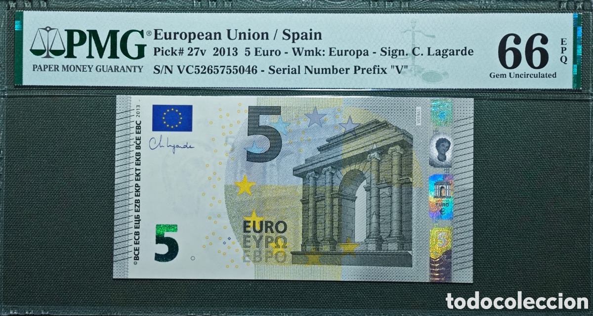 Billetes espa&ntilde;oles: 5 EURO V019A1 VC 2013 ESPA&Ntilde;A LAGARDE SIN CIRCULAR PMG 66 EPQ,