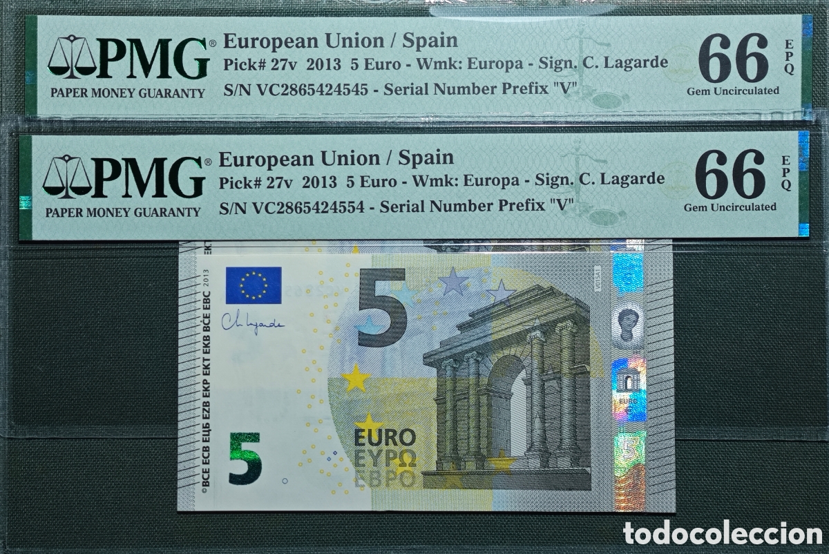 Billetes espa&ntilde;oles: 5 EURO V015A1 VC 2013 ESPA&Ntilde;A LAGARDE PAREJA CORRELATIVA RADAR 2 SC PMG 66/66 EPQ