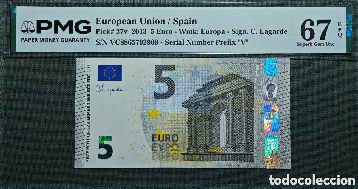Billetes espa&ntilde;oles: 5 EURO V026A1 VC 2013 ESPA&Ntilde;A LAGARDE SIN CIRCULAR PMG 67 EPQ