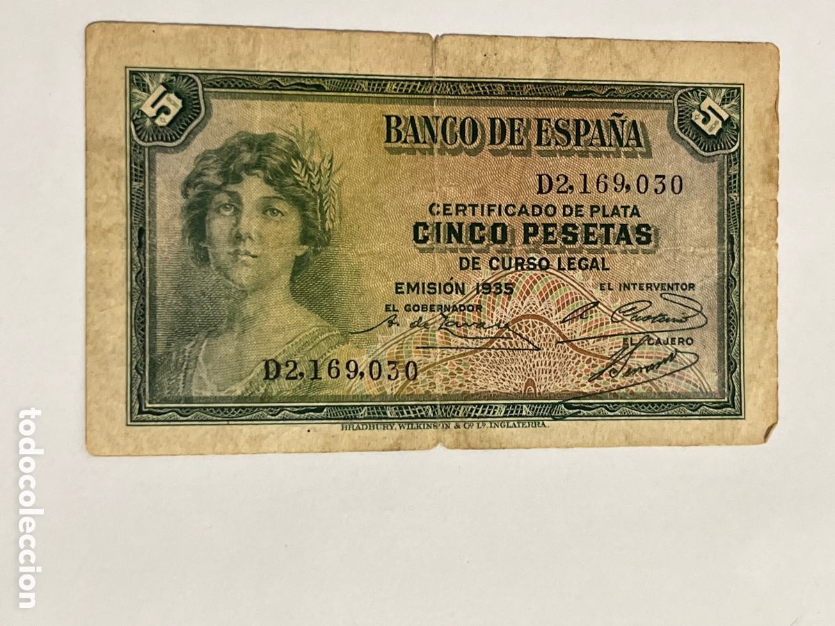 Billetes espa&ntilde;oles: BILLETE. Banco de Espa&ntilde;a. Cinco 5 pesetas. 1935. Serie D