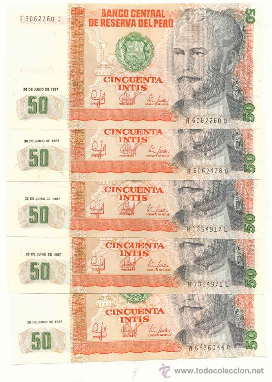 Billetes extranjeros: LOTE DE 5 BILLETES DEL PERU, 50 INTIS - Foto 1