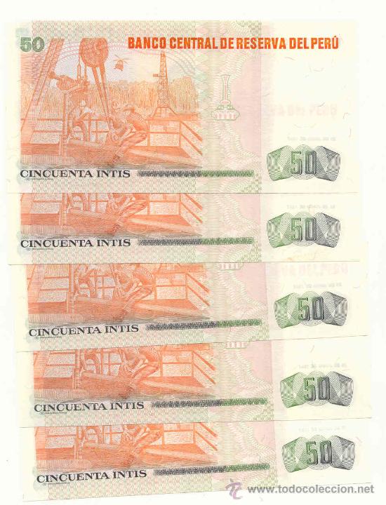 Billetes extranjeros: LOTE DE 5 BILLETES DEL PERU, 50 INTIS - Foto 2