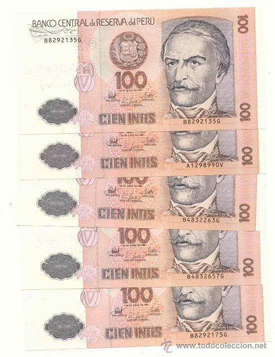 Billetes extranjeros: LOTE DE 5 BILLETES DEL PERU, 100 INTIS - Foto 1
