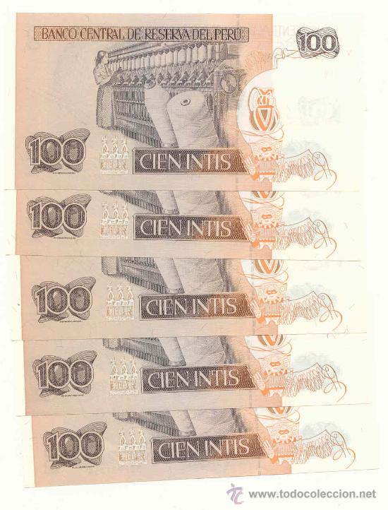 Billetes extranjeros: LOTE DE 5 BILLETES DEL PERU, 100 INTIS - Foto 2