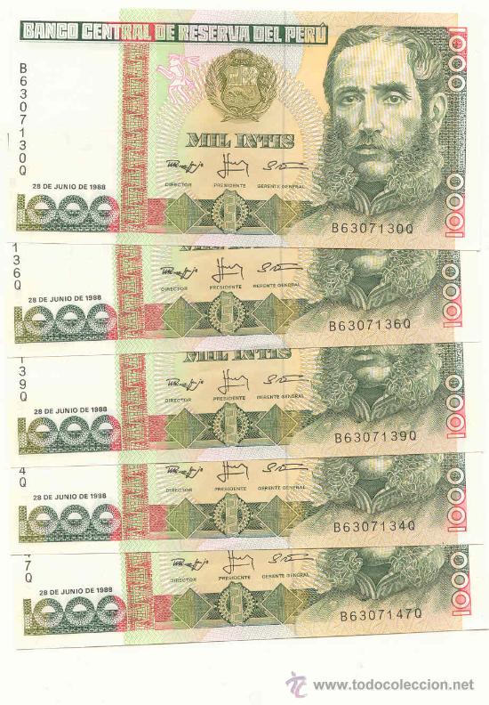 Billetes extranjeros: LOTE DE 5 BILLETES DEL PERU, 1000 INTIS - Foto 1