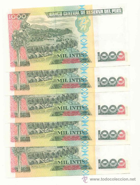 Billetes extranjeros: LOTE DE 5 BILLETES DEL PERU, 1000 INTIS - Foto 2