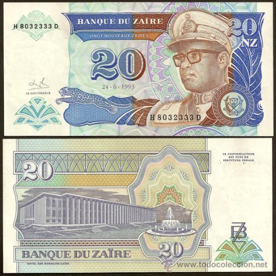 Billetes extranjeros: ZAIRE. 20 zaires 24.6.1993. HdMZ. Pick 56. S/C.