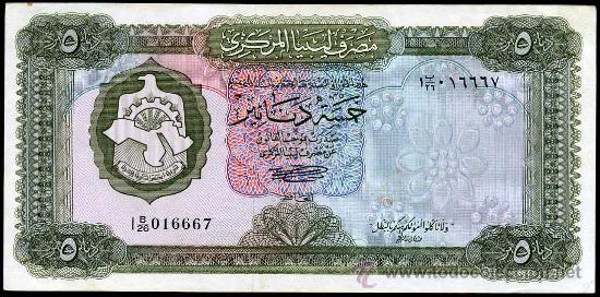 Billetes extranjeros: LIBYA (Libia) : 5 Dinares 1972  Pick 36b  Buen EBC - Foto 1