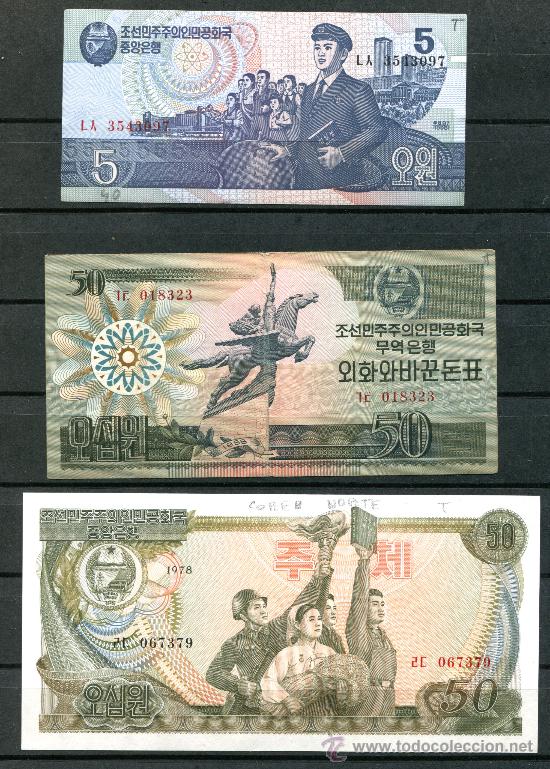 Billetes extranjeros: 3 billetes diferentes de Corea. Uno circulado. - Foto 1