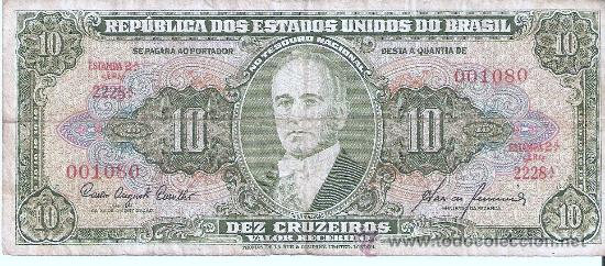 Billetes extranjeros: BILLETE 10 CRUZEIROS , REPL&Uacute;BLICA DOS ESTADOS UNIDOS DO BRASIL , USADO