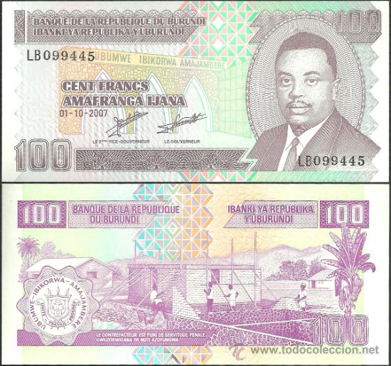 Billetes extranjeros: Burundi 100 francos 2007 Pick#37f SC - Foto 1
