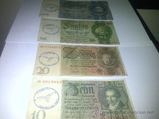 Billetes extranjeros: LOTE DE 4 BILLETES NAZIS CON MATASELLOS DE LA LUFTWAFFE - Foto 1