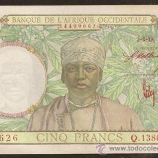 Billetes extranjeros: AFRICA OCCIDENTAL FRANCESA. 5 FRANCS 2.3.1943. PICK 26. S/C. Nº SERIE Y EL VALOR EN ROJO.