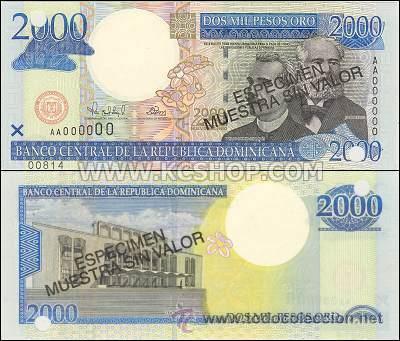 Billetes extranjeros: REPUBLICA DOMINICANA 2000 2.000 PESOS ORO ESPECIMEN SPECIMEN P-164S SC