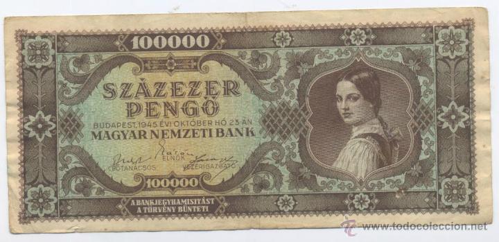 Billetes extranjeros: HUNGRIA- 100000 PENGO- 1945 - Foto 1