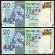 Billetes extranjeros: HONG KONG. 2 BILLETES DE 20 $ 1.1.2012. S/C. HSBC. MISMO Nº DE SERIE, PREFIJOS HD Y HE.