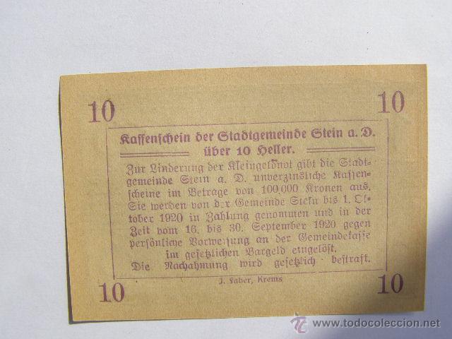 Billetes extranjeros: NOTGELD. AUSTRIA. 1920. STEIN. 10 HELLER. - Foto 2