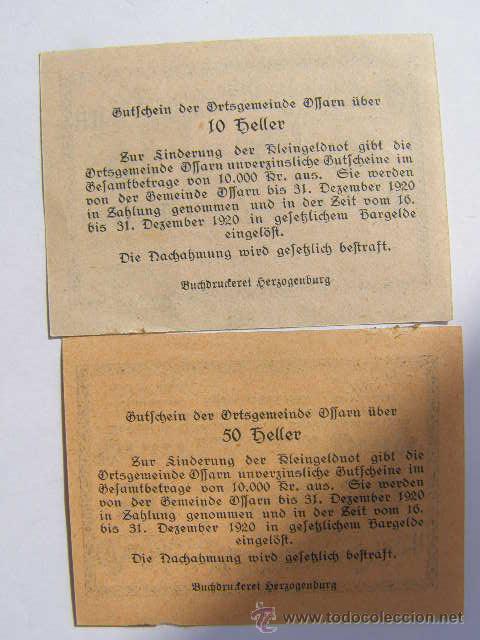 Billetes extranjeros: NOTGELD. AUSTRIA 1920. OFFARN. 10-50 HELLER - Foto 2
